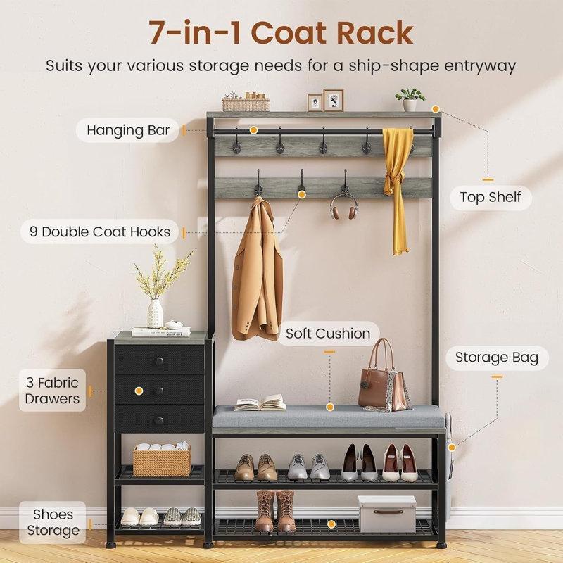 Gri Metal ve Ahşap Oturaklı Çekmeceli 9 Askılı Raflı Portmanto Vestiyer - 101 cm - 159595