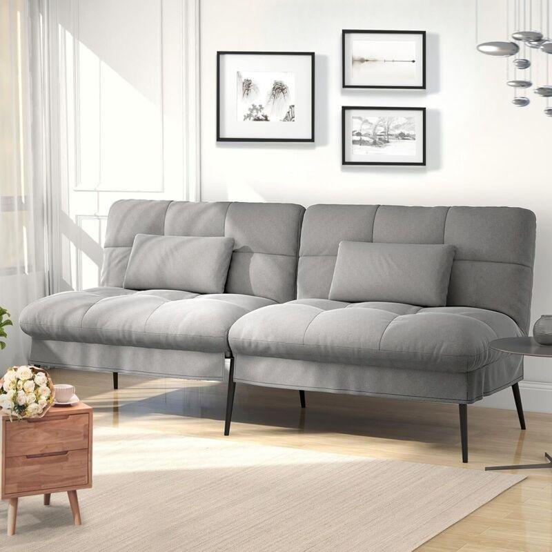 Gri Pamuklu Kadife Metal Ayaklı Yatak Olabilen Üçlü Koltuk - 174 cm - 154173