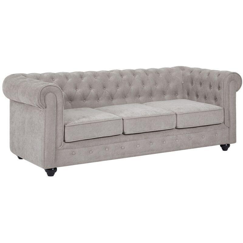 Gri Polyester Kumaş Kapitoneli Ahşap Ayaklı Chesterfield Üç Kişilik Koltuk - 205 cm - 152610