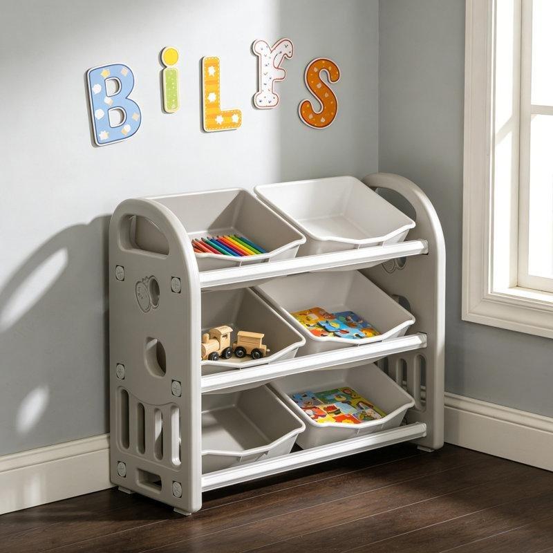 Gri Raflı 6 Sepetli Plastik Oyuncak Dolabı - 77x30x71 cm - 150453