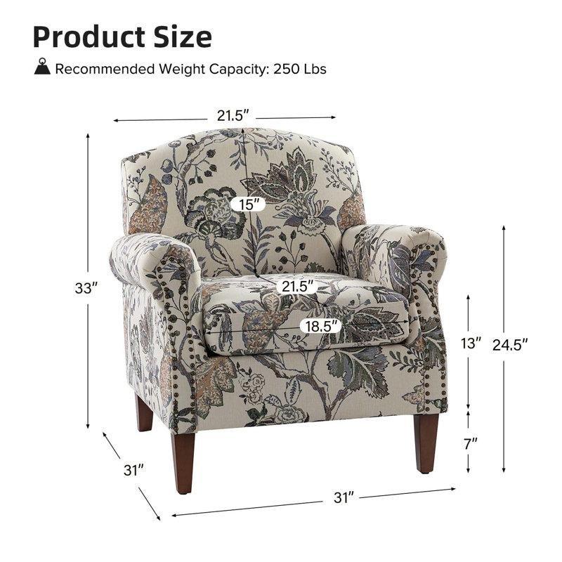 Gri Şam Desenli Zımba Detaylı Kıvrık Kollu Berjer Koltuk - 79 cm - 156745