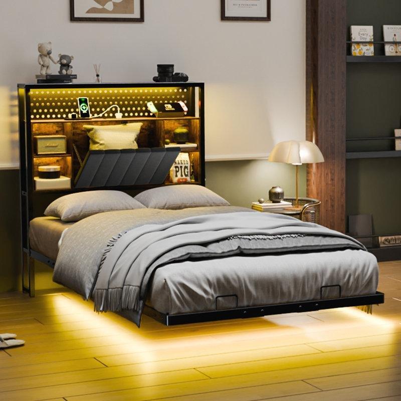 Gri Siyah Metal LED Işıklı ve Şarj İstasyonlu Floating Karyola - 153x211 cm - 142351