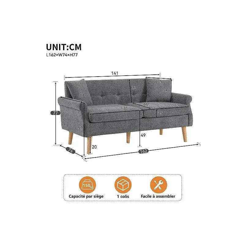 Gri Şönil Kumaş Masif Ahşap Ayaklı 2 Yastıklı İkili Koltuk - 162x74x77 cm - 155191