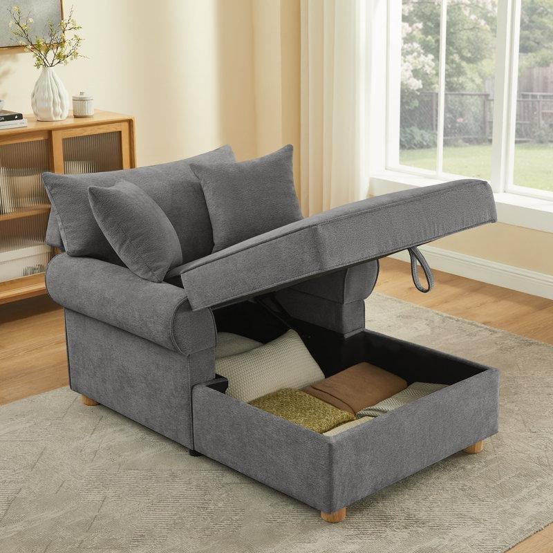 Gri Şönil Kumaş Masif Ahşap Sandıklı Uzanmalı Koltuk - 103 cm - 156343