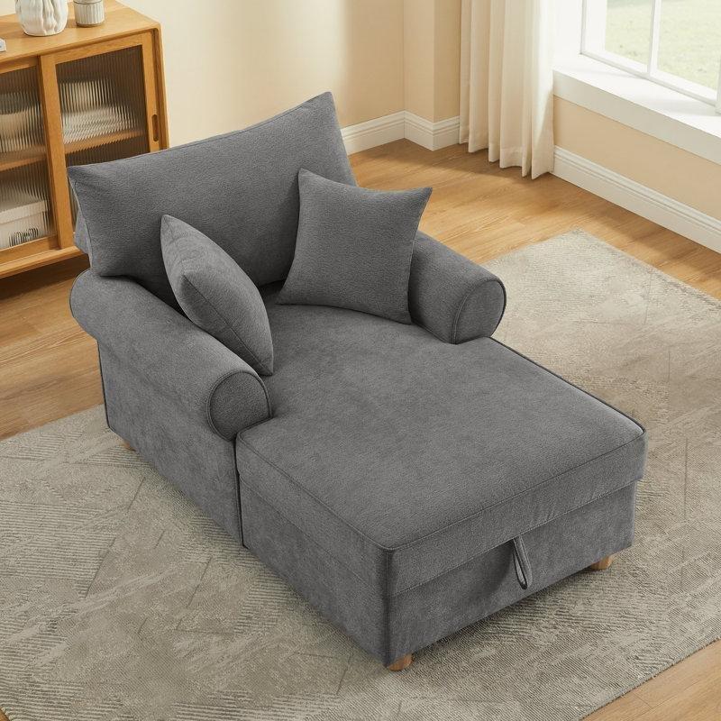 Gri Şönil Kumaş Masif Ahşap Sandıklı Uzanmalı Koltuk - 103 cm - 156343