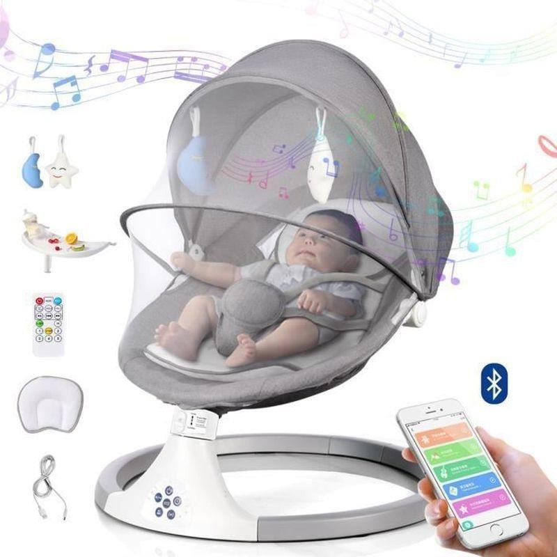 Gri Uzaktan Kumandalı Bluetooth Müzikli Mama Tablalı 3ü 1 Arada Elektrikli Ana Kucağı Beşik - 162493