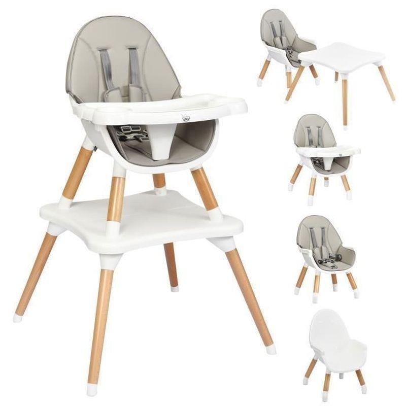 Gri ve Beyaz Kayın Ahşap 4%27ü 1 Arada Ayarlanabilir Tepsili Mama Sandalyesi - 62x62x100 cm - 162655