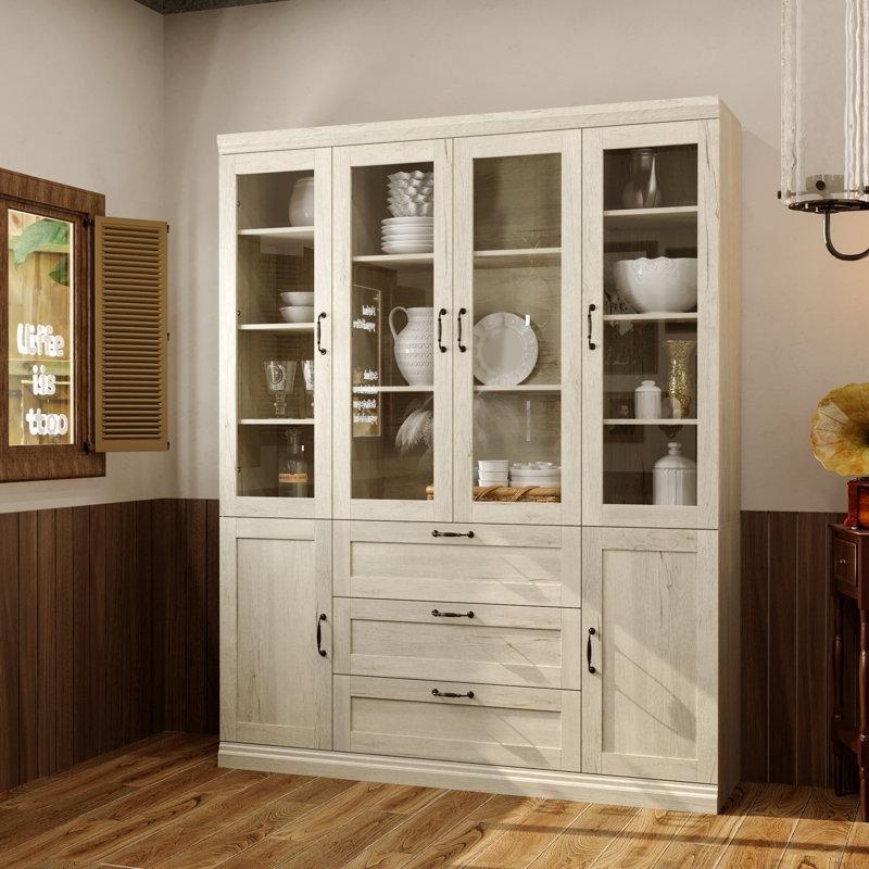 Gri ve Beyaz MDF Cam Kapaklı 3 Çekmeceli 5 Dolaplı Vitrin - Gümüşlük - 161x203 cm - 157126