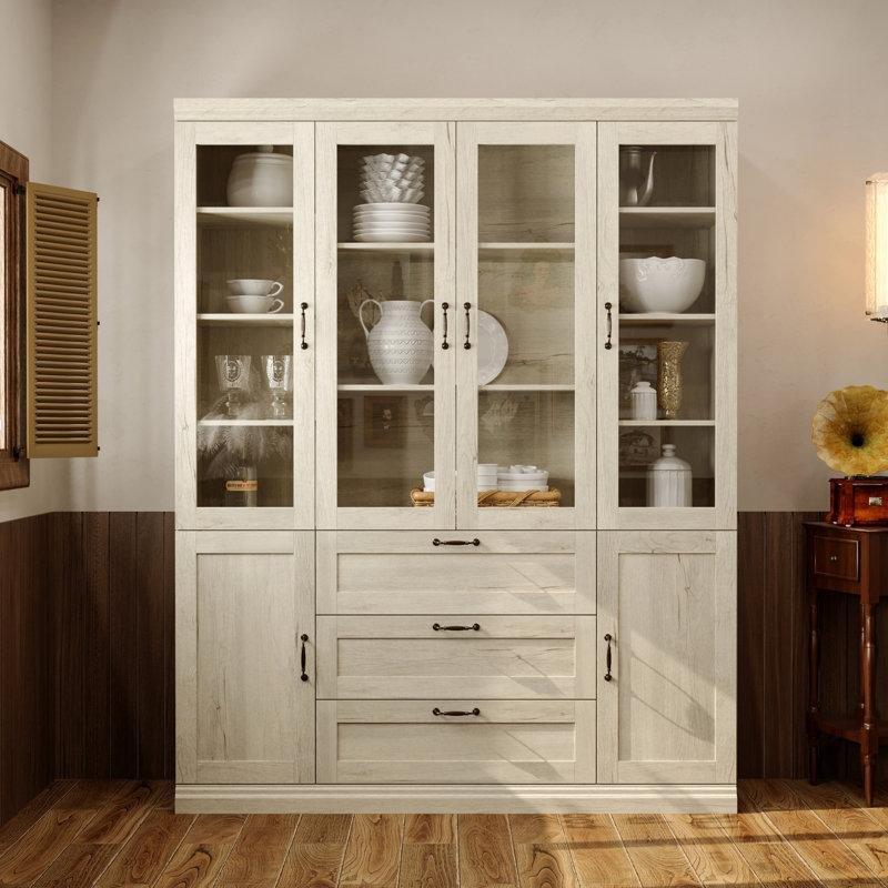 Gri ve Beyaz MDF Cam Kapaklı 3 Çekmeceli 5 Dolaplı Vitrin - Gümüşlük - 161x203 cm - 157126