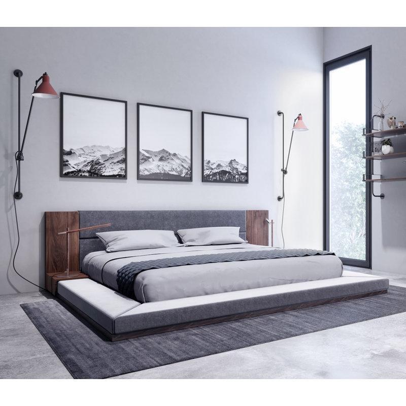 Gri ve Meşe Masif Kauçuk Ağacı Kumaş Döşemeli Dahili Komodinli Karyola - 260x244 cm - 142555