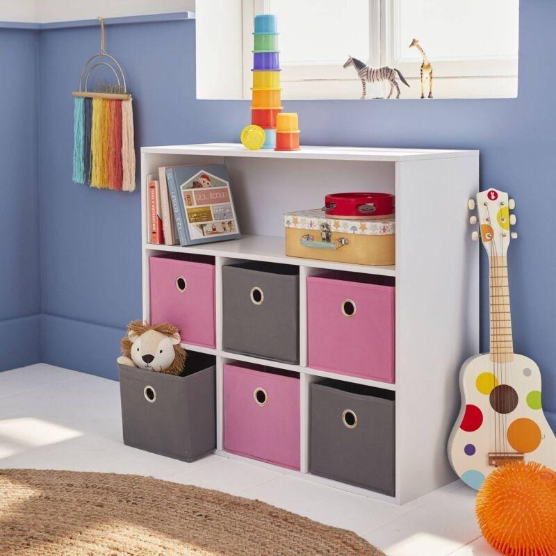 Gri ve Pembe 6 Kumaş Sepetli Beyaz Sunta Oyuncak Dolabı - 77x30x70 cm - 151019