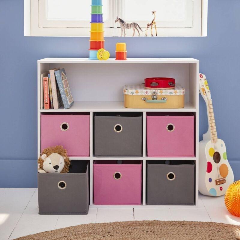 Gri ve Pembe 6 Kumaş Sepetli Beyaz Sunta Oyuncak Dolabı - 77x30x70 cm - 151019