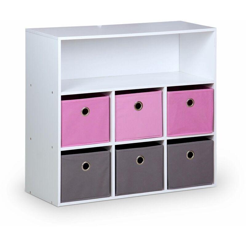 Gri ve Pembe 6 Kumaş Sepetli Beyaz Sunta Oyuncak Dolabı - 77x30x70 cm - 151019