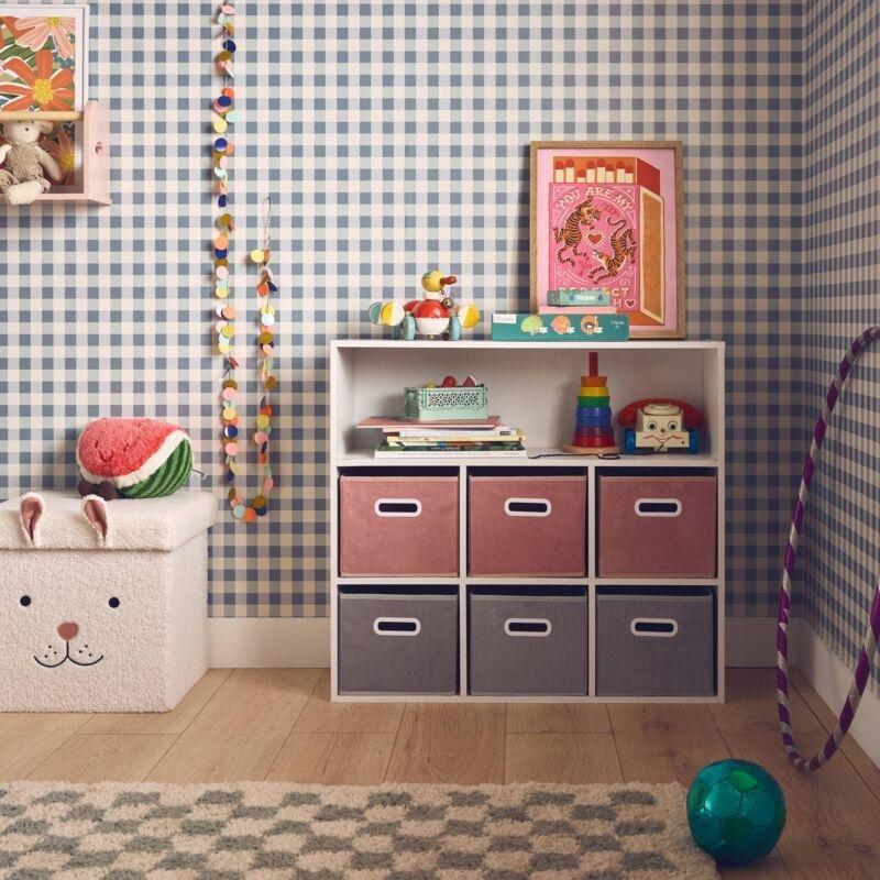 Gri ve Pembe Kadife Sepetli 8 Bölmeli Oyuncak Dolabı - 77x30x70 cm - 150959