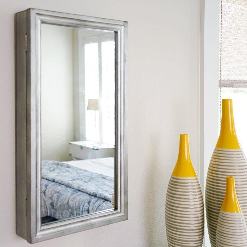 Gümüş Metalik Endüstriyel Ahşap Aynalı Duvara Monte Takı Dolabı - 34 cm - 145242