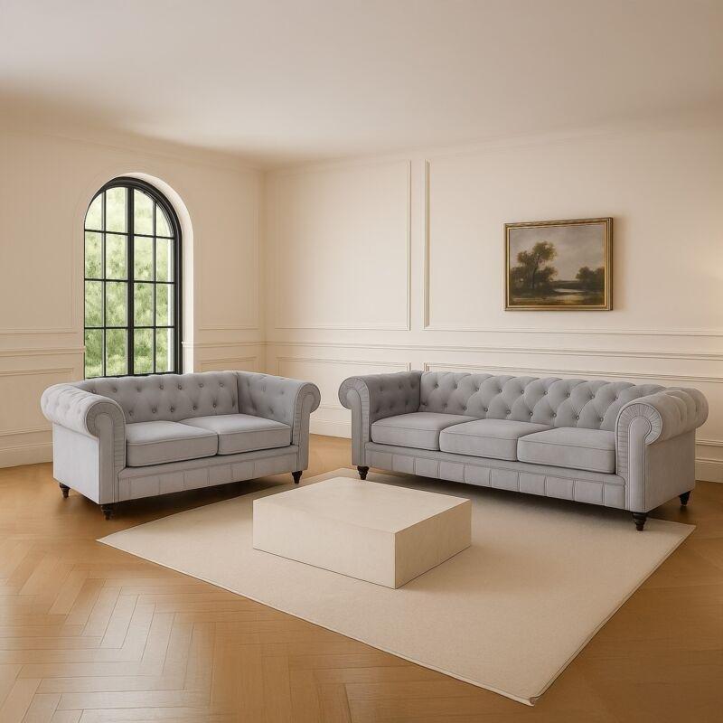 Gümüş Rengi Kadife Chesterfield 3 Kişilik Koltuk - 207x80x72 cm - 152766