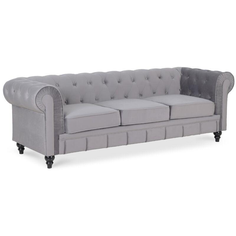 Gümüş Rengi Kadife Chesterfield 3 Kişilik Koltuk - 207x80x72 cm - 152766