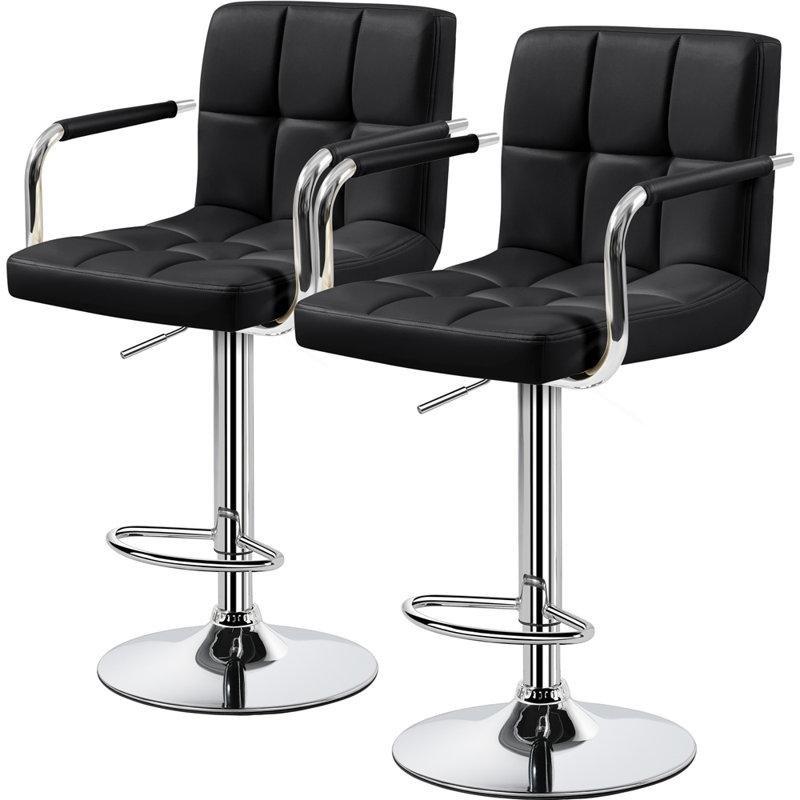 Gümüş Rengi Metal Amortisörlü Döner Suni Deri Döşemeli Bar Sandalyesi 2li Set - 147990