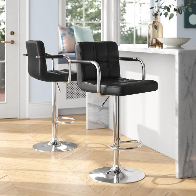 Gümüş Rengi Metal Amortisörlü Döner Suni Deri Döşemeli Bar Sandalyesi 2li Set - 147990