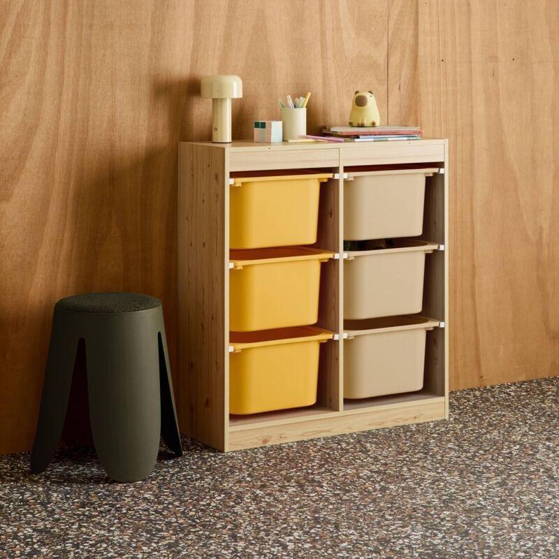 Hardal ve Vizon Renkli 6 Plastik Sepetli Devrilme Önleyici Ahşap Oyuncak Dolabı - 82x30x89 cm - 150613