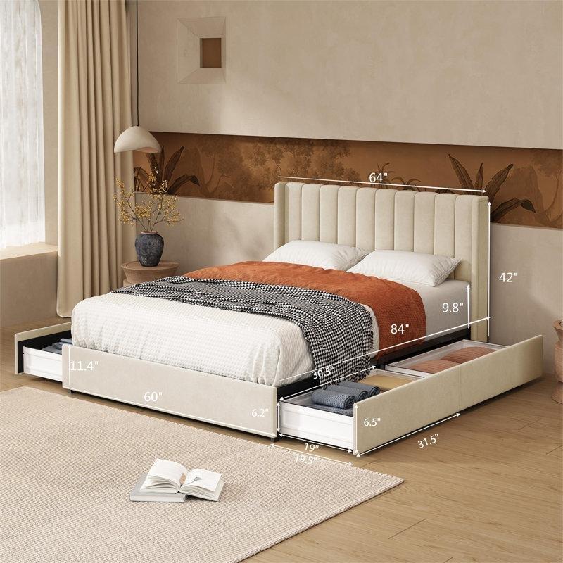 Kadife Döşemeli 4 Çekmeceli Metal Destekli Platform Karyola - 163x214 cm - 143533