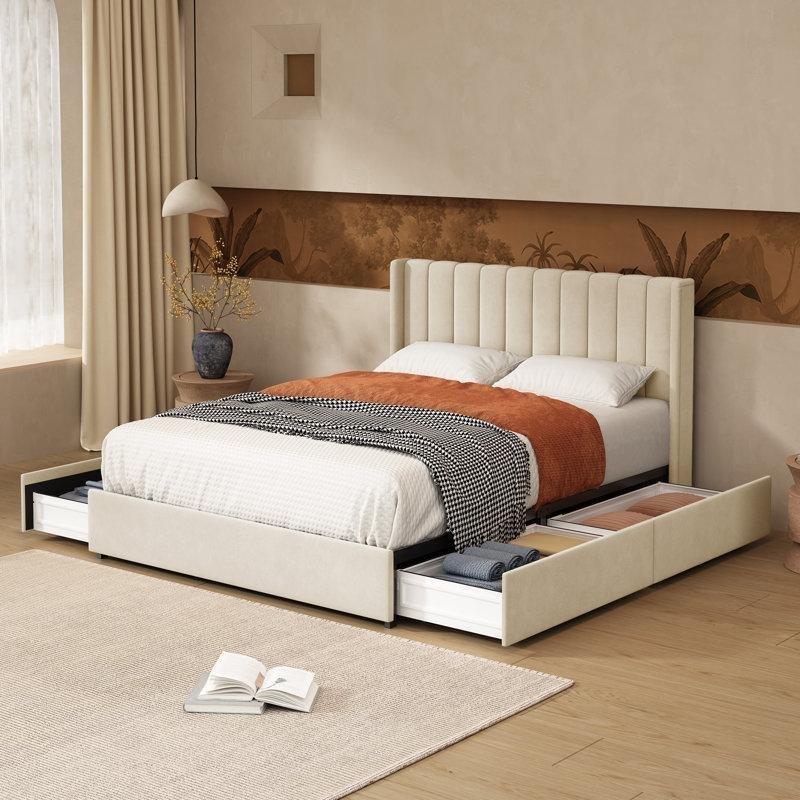 Kadife Döşemeli 4 Çekmeceli Metal Destekli Platform Karyola - 163x214 cm - 143533
