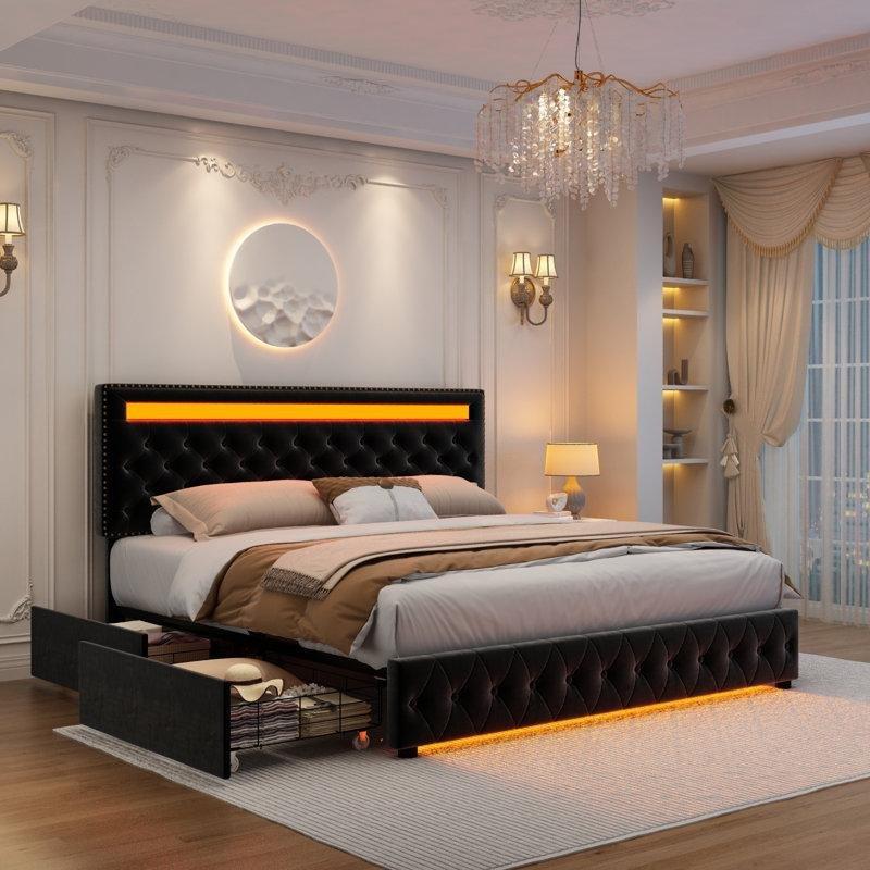 Kadife Döşemeli Akıllı LED Işıklı 4 Çekmeceli Kapitoneli Karyola - 143299