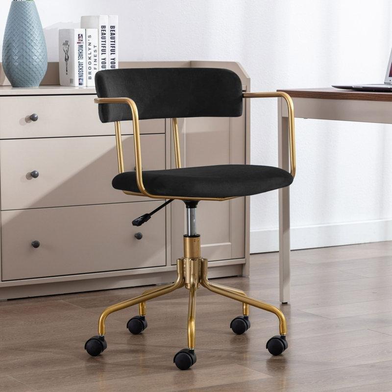 Kadife Döşemeli Döner Tekerlekli Gold Metal Çalışma Sandalyesi - 146058