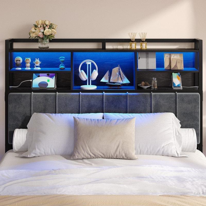 Kadife Döşemeli LED Işıklı Şarj İstasyonlu 3 Raflı Yatak Başlığı - 194 cm - 144774