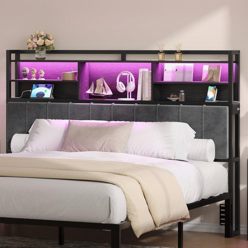 Kadife Döşemeli LED Işıklı Şarj İstasyonlu 3 Raflı Yatak Başlığı - 194 cm - 144774