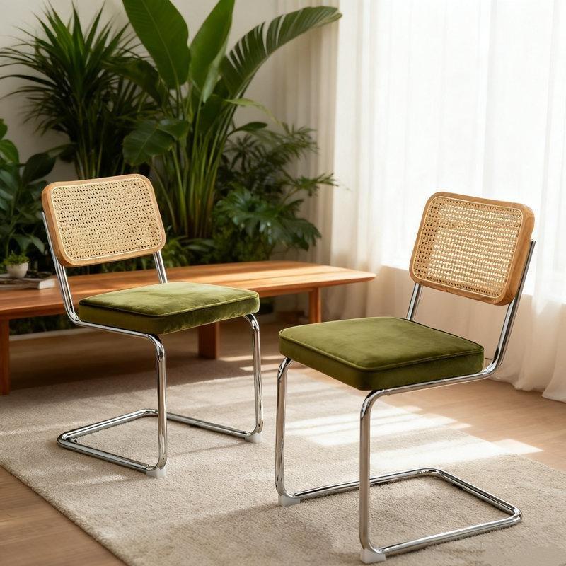 Kadife Döşemeli Metal C-Ayaklı İkili Rattan Sandalye - 146286