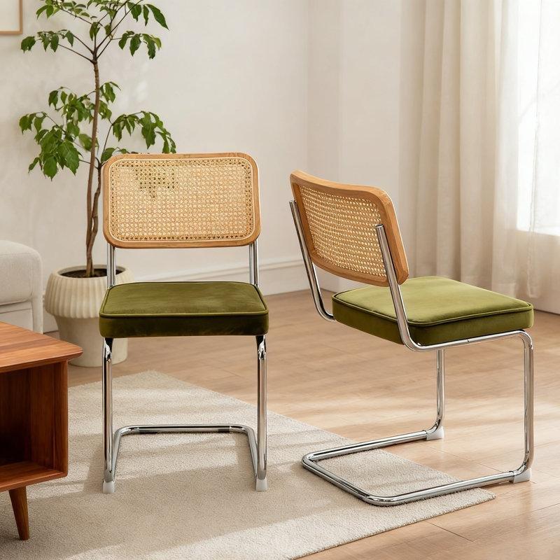 Kadife Döşemeli Metal C-Ayaklı İkili Rattan Sandalye - 146286