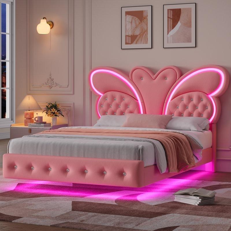 Kadife Kaplı Kelebek Başlıklı LED Işıklı Yüzer Tasarım Karyola - 138x199 cm - 142420