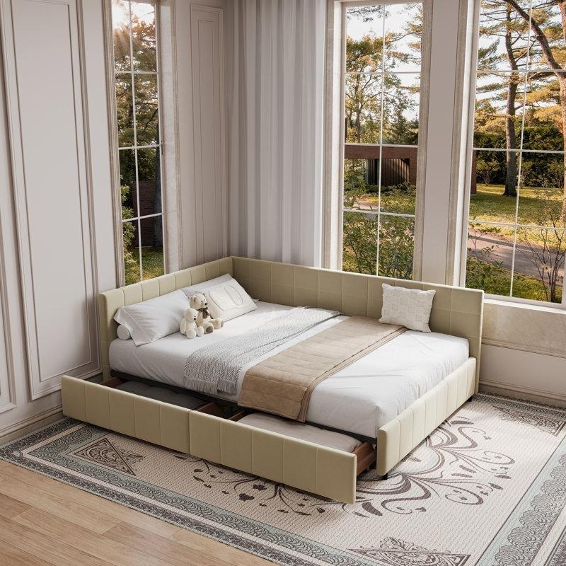 Kadife Kumaş Çekmeceli Çift Yönlü Kolçaklı Daybed Karyola - 163x216 cm - 142723