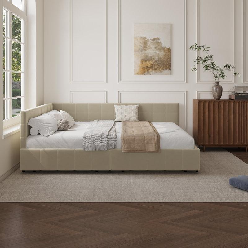 Kadife Kumaş Çekmeceli Çift Yönlü Kolçaklı Daybed Karyola - 163x216 cm - 142723