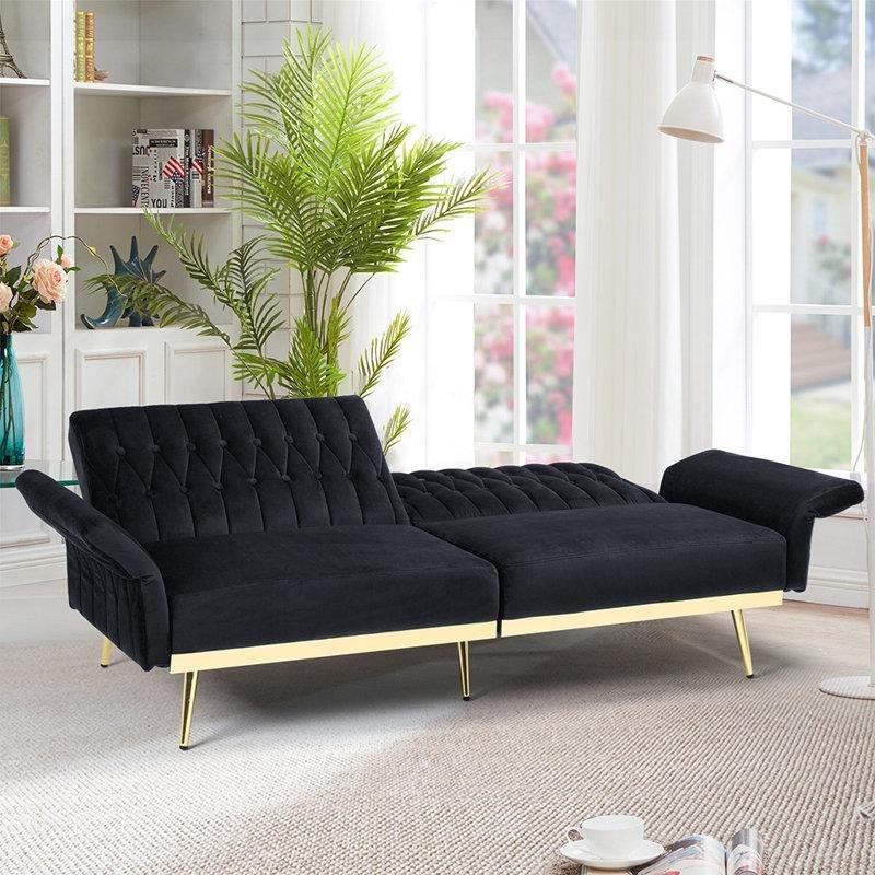 Kadife Kumaş Kapitoneli Yatak Olabilen Gold Metal Ayaklı İkili Koltuk - 178 cm - 151672