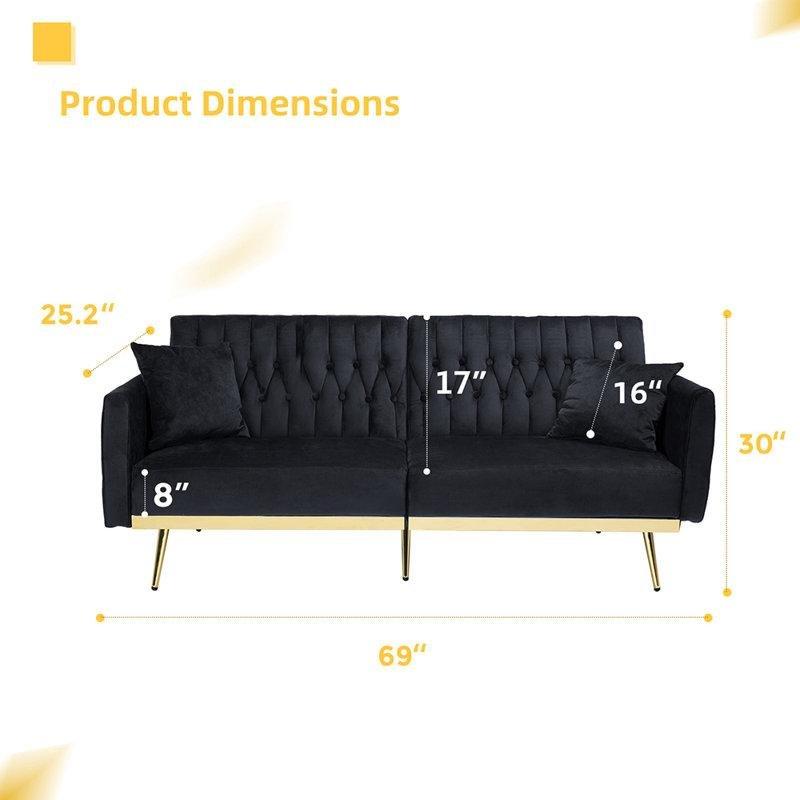 Kadife Kumaş Kapitoneli Yatak Olabilen Gold Metal Ayaklı İkili Koltuk - 178 cm - 151672