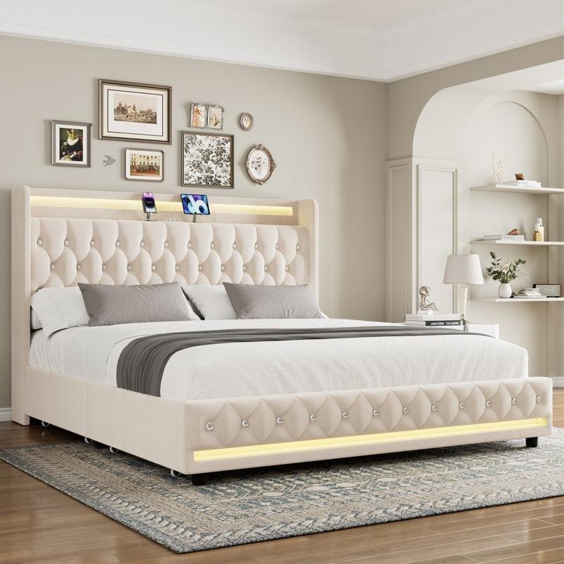 Kadife Kumaş Kaplamalı USB Girişli ve 4 Çekmeceli LED Işıklı Karyola - 158x215 cm - 142402