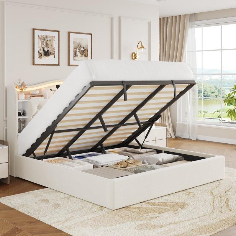 Kadife Kumaş Kaplı LED Aydınlatmalı ve USB Girişli Hidrolik Bazalı Karyola - 142x211 cm - 142399