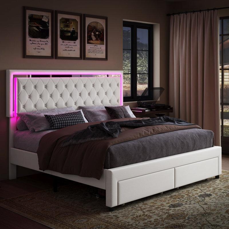 Kadife Kumaş Kaplı RGB Led Işıklı Akrilik Ayna Detaylı Çekmeceli Karyola - 158x214 cm - 142411