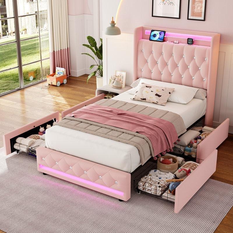 Kadife LED Işıklı ve USB Portlu 4 Çekmeceli Çocuk Karyolası - 143047