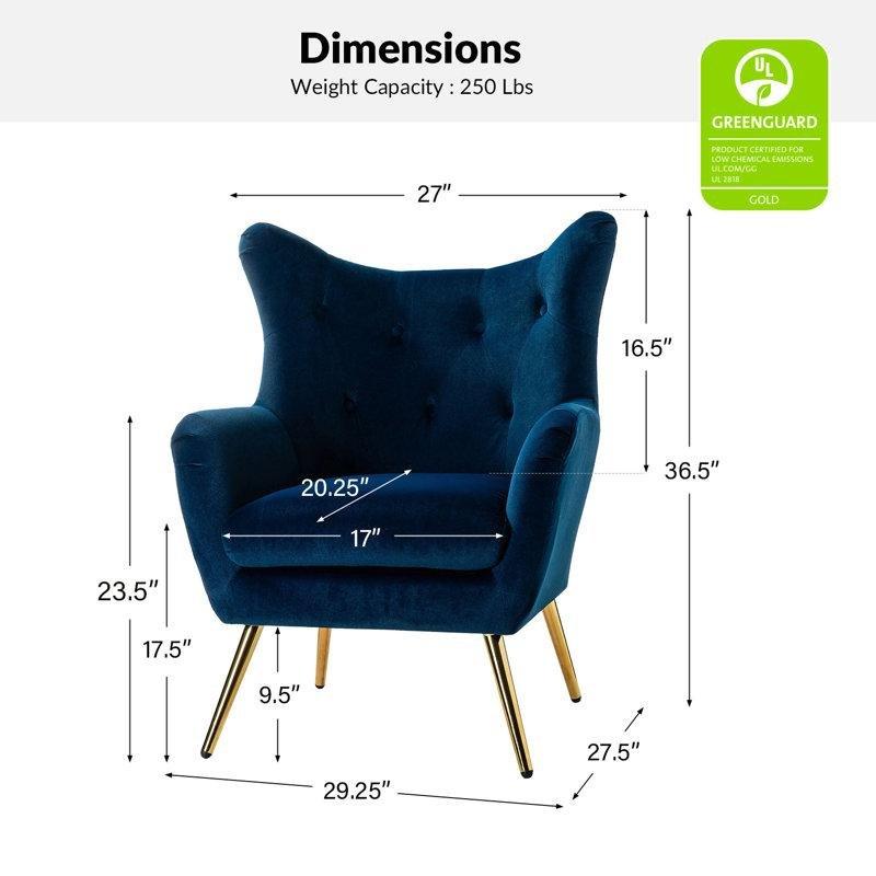Kadife Metal Ayaklı Kapitoneli Kulaklı Berjer Koltuk - 75 cm - 156619