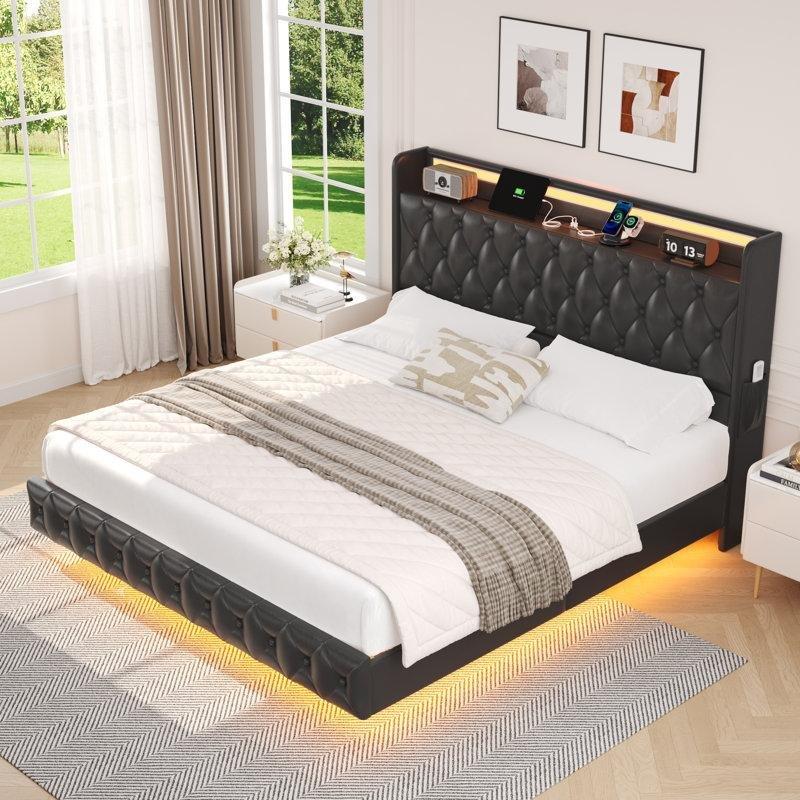 Kadife ve Suni Deri Döşemeli LED Işıklı ve USB Girişli Uçan Karyola - 153x221 cm - 142333