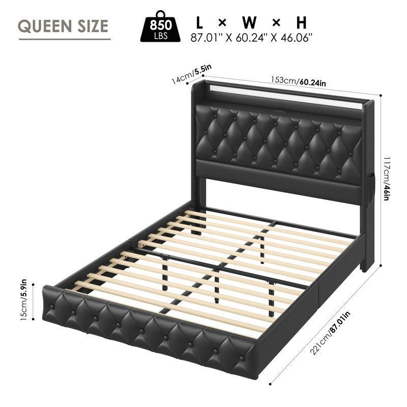 Kadife ve Suni Deri Döşemeli LED Işıklı ve USB Girişli Uçan Karyola - 153x221 cm - 142333