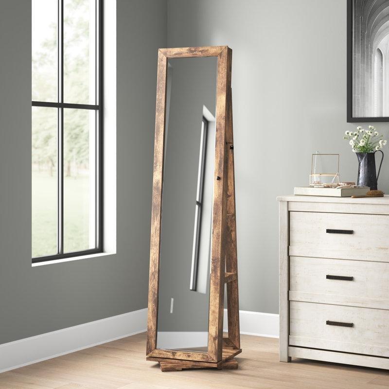 Kahverengi Ahşap 360 Derece Dönen Kilitli Boy Aynalı Takı Dolabı - 160x41x41 cm - 145302