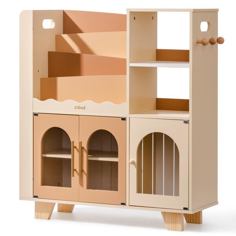 Kahverengi Ahşap Askılı Çok Amaçlı Kitaplıklı Oyuncak Dolabı - 80x30x89 cm - 149904