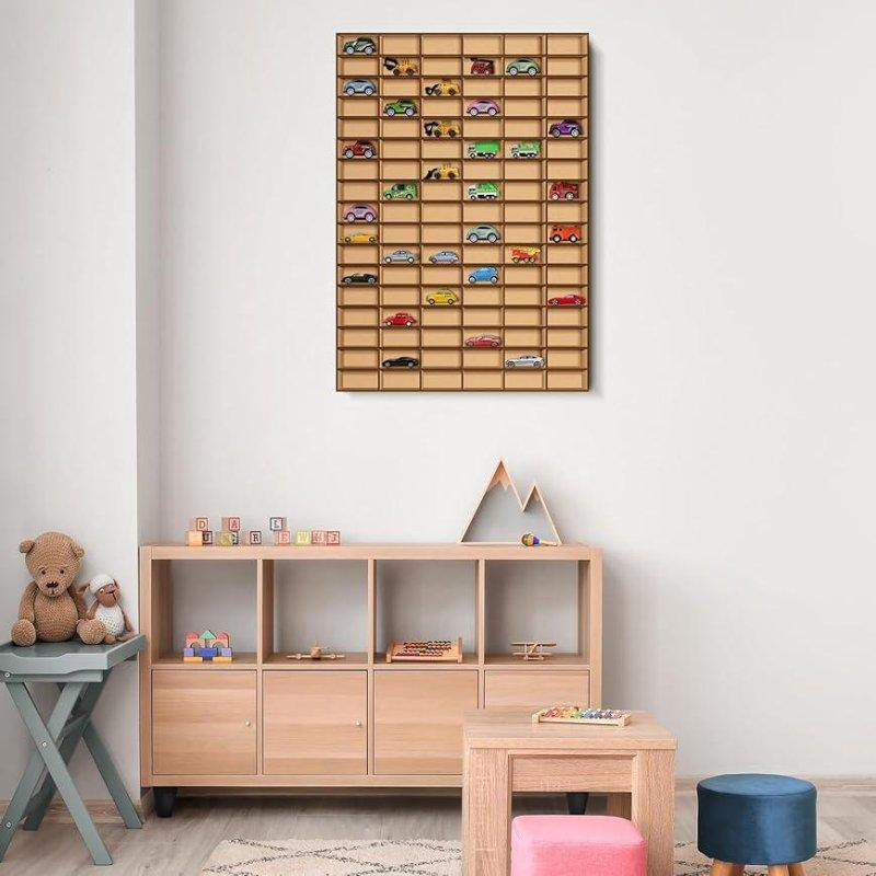 Kahverengi Ahşap Duvara Monte 102 Bölmeli Oyuncak Araba Dolabı - 78x59 cm - 151043