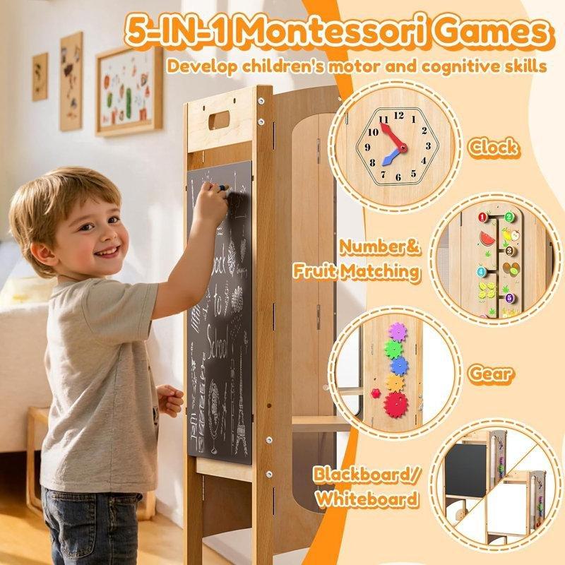 Kahverengi Ahşap Katlanır Güvenlik Ağlı ve Yazı Tahtalı Montessori Öğrenme Kulesi - 162898