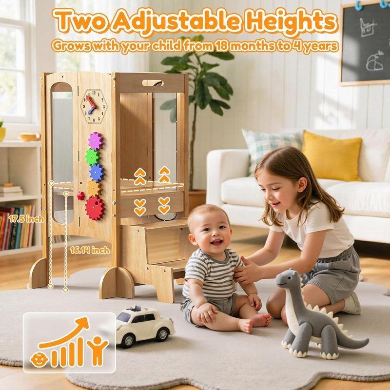 Kahverengi Ahşap Katlanır Güvenlik Ağlı ve Yazı Tahtalı Montessori Öğrenme Kulesi - 162898