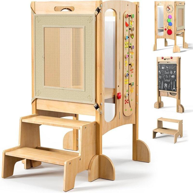 Kahverengi Ahşap Katlanır Güvenlik Ağlı ve Yazı Tahtalı Montessori Öğrenme Kulesi - 162898